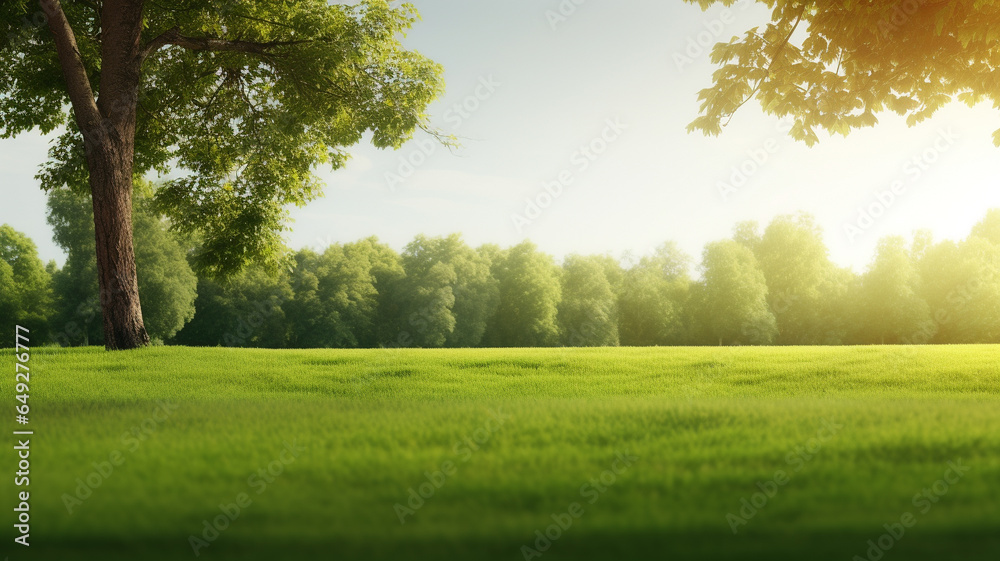 Green lawn with copyspace and flare. Generative AI Green lawn with copyspace and flare. Generative AI
