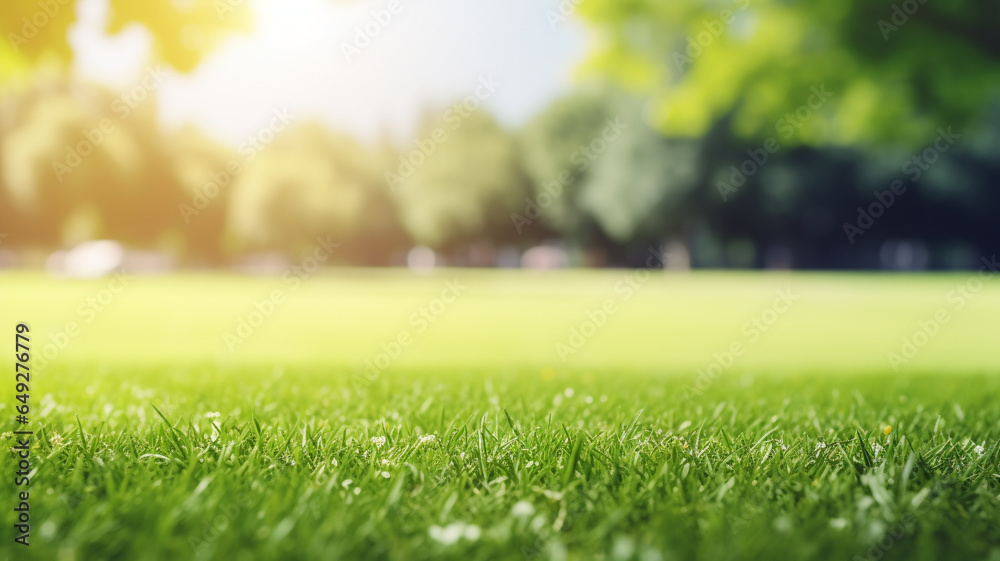 Green lawn with copyspace and flare. Generative AI