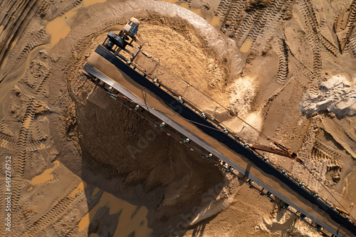 Aerial top view Open pit mine sand quarry, industry electric shovel