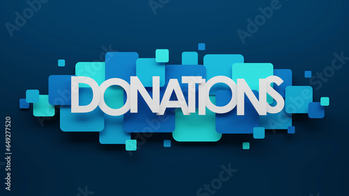 3D render of DONATIONS typography with blue and turquoise squares on dark blue background