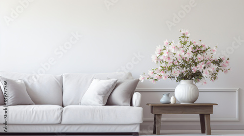 Flowers on wooden table and grey settee in white living room © Little