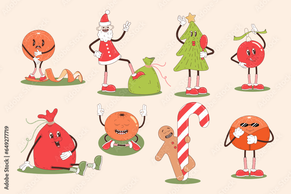 Set of retro cartoon characters-Santa, christmas tree, gift bag, ginger bread, clementines. Merry Christmas and Happy New year in trendy groovy hippie style.