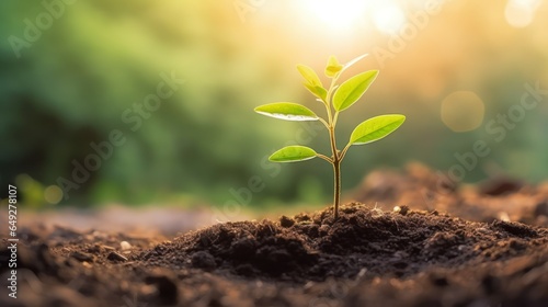 Planting seedlings young plant in the morning light on nature background © Suchart