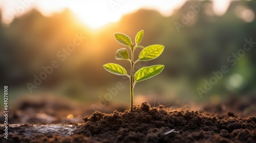 Planting seedlings young plant in the morning light on nature background
