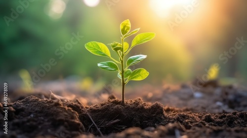 Planting seedlings young plant in the morning light on nature background