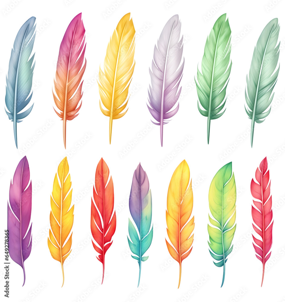 Set of bird feathers on transparent background Set of bird feathers on transparent background