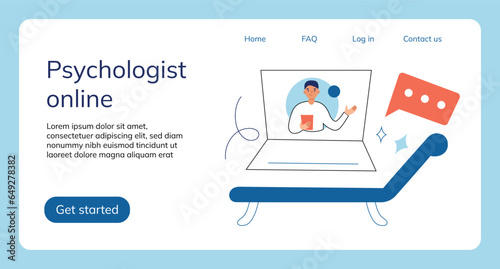 Online help ui page, psychotherapy web banner, mental health problems, psychologist consultation on laptop, psychiatrist couch, internet counselling, vector interface for therapist website, app