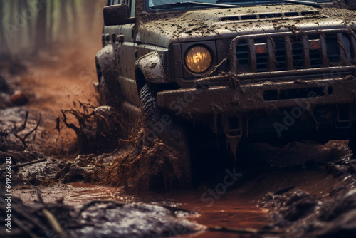 Close-up view of a car driving through the mud. off-road travel