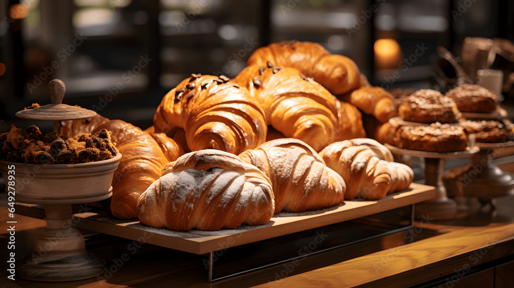 Varity of pastries and bread in wicker basket on modern bakery shop. Food and bakery in kitchen concept Varity of pastries and bread in wicker basket on modern bakery shop. Food and bakery in kitchen concept