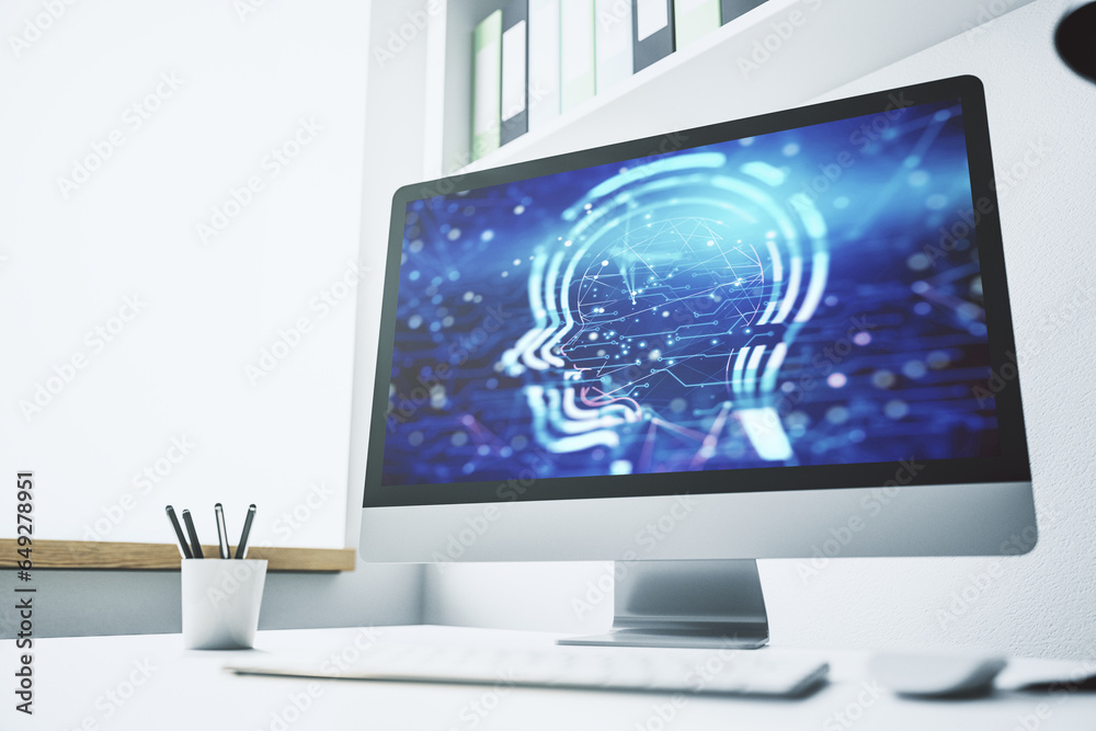 Creative artificial Intelligence concept with human head hologram on modern laptop screen. 3D Rendering Creative artificial Intelligence concept with human head hologram on modern laptop screen. 3D Rendering