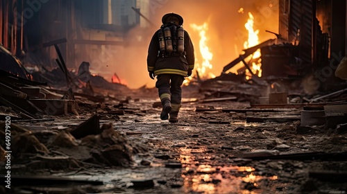 Boots in debris, firefighting scene, courageous firefighters, safety commitment. Generated by AI.