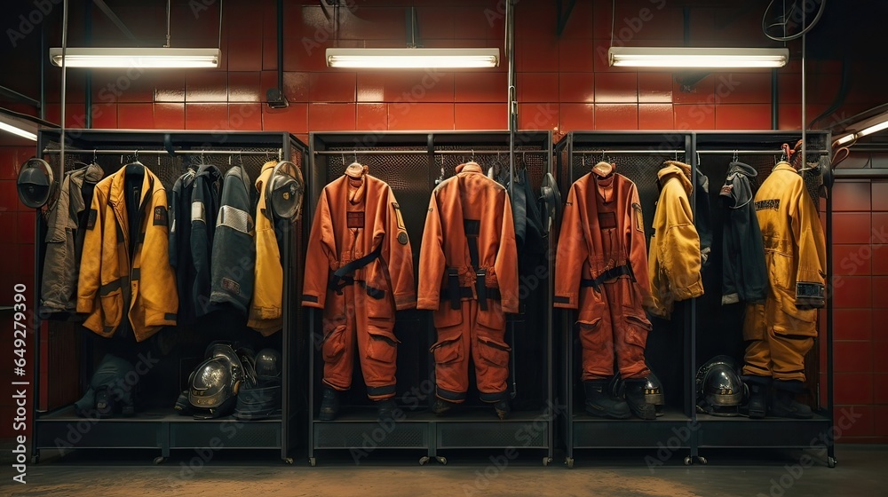 Crucial firefighting equipment, safety attire, orderly presentation, first responders' gear, preparedness for emergencies, protective clothing. Generated by AI. - obrazy, fototapety, plakaty 