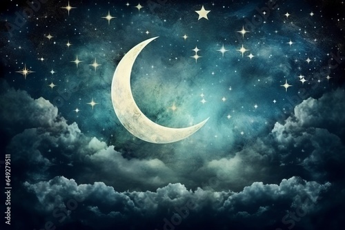 crescent moon, stars and clouds