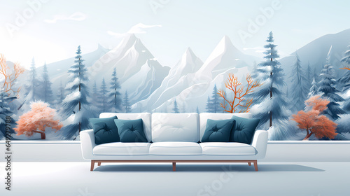 White Couch With Blue Pillows And Trees In Front Of A Snowy Mountain