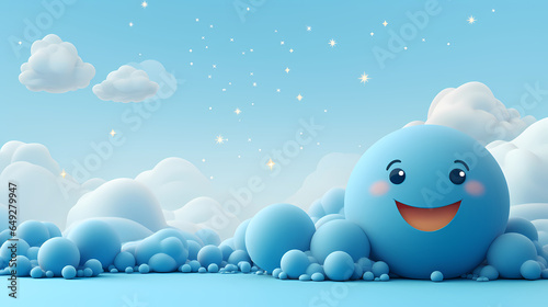 Cartoon Blue Ball With A Smiling Face Surrounded By Clouds