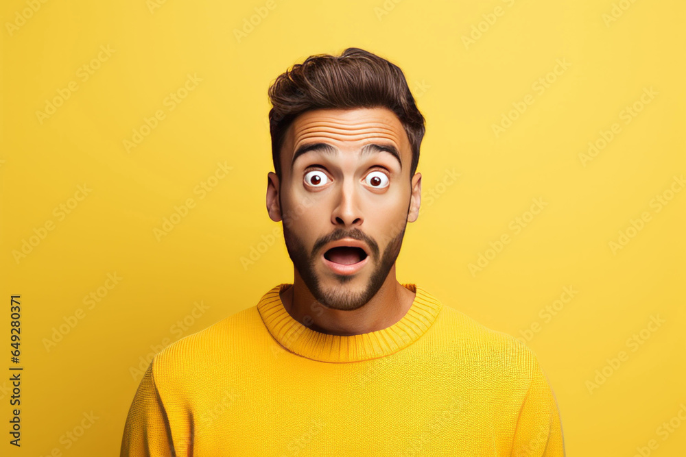 Surprised man portrait. Young guy on a simple yellow background. AI generated