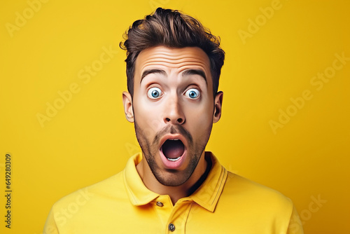 Surprised man portrait. Young guy on a simple yellow background. AI generated © tiena