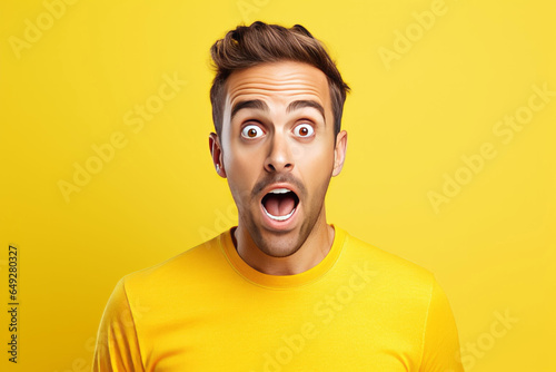Surprised man portrait. Young guy on a simple yellow background. AI generated © tiena