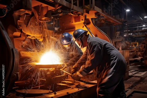Workers on a factory use heavy metallurgical equipment. AI generated