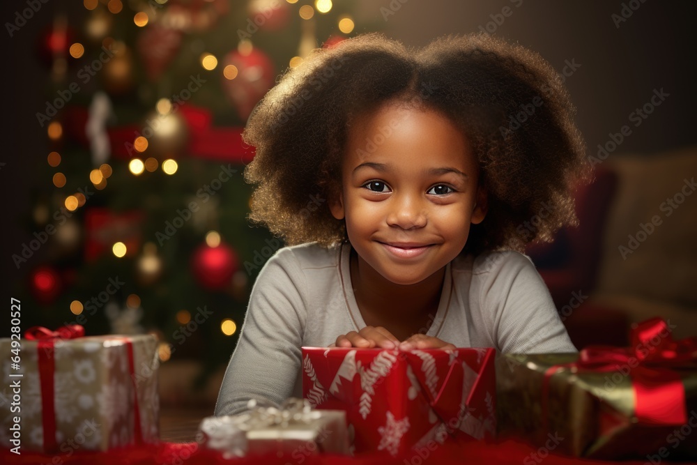 Happy smiling african american girl with christmas gift at xmas lights background Happy smiling african american girl with christmas gift at xmas lights background