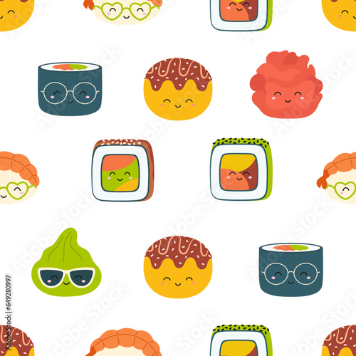 vector seamless pattern with funny sushi character