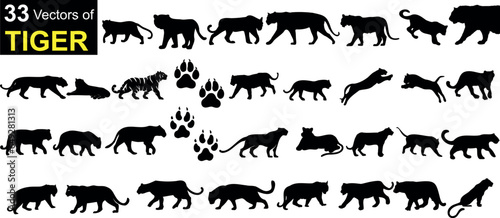 Tiger Silhouettes Vector Set, 33 unique, customizable tiger vectors in various poses. Ideal for wildlife themed designs, educational illustrations, and more. High quality, scalable and ready to use. photo