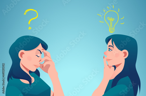 Vector of two women thinking one has a question another solution with light bulb above head .