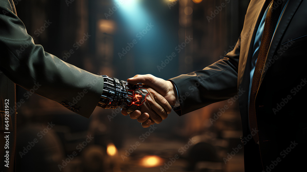 hand shake of a robots and humans with a artificial inteligence ...