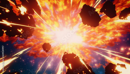 Anime style space explosion background, cartoon blast with fire and particles