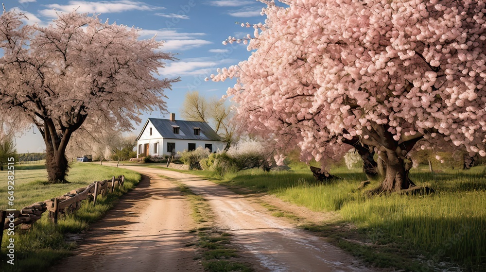 Countryside scene, where a farmhouse is embraced by blooming cherry trees. Cherry blossom delight, rural oasis, orchard serenity, idyllic farmhouse, natural splendor. Generated by AI. Countryside scene, where a farmhouse is embraced by blooming cherry trees. Cherry blossom delight, rural oasis, orchard serenity, idyllic farmhouse, natural splendor. Generated by AI.