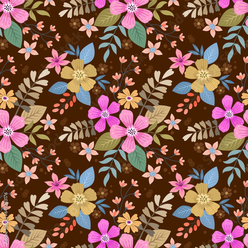Cute colorful flowers on brown color background seamless pattern. This pattern can beused fro fabriv textile wallpaper.