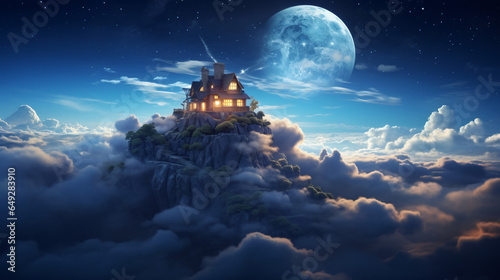 House on clouds in moonlight