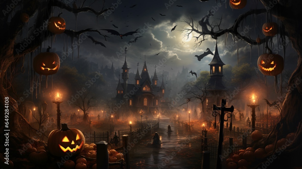 Dark and Spooky Halloween Event Background with Castle and Jack-o'-Lantern