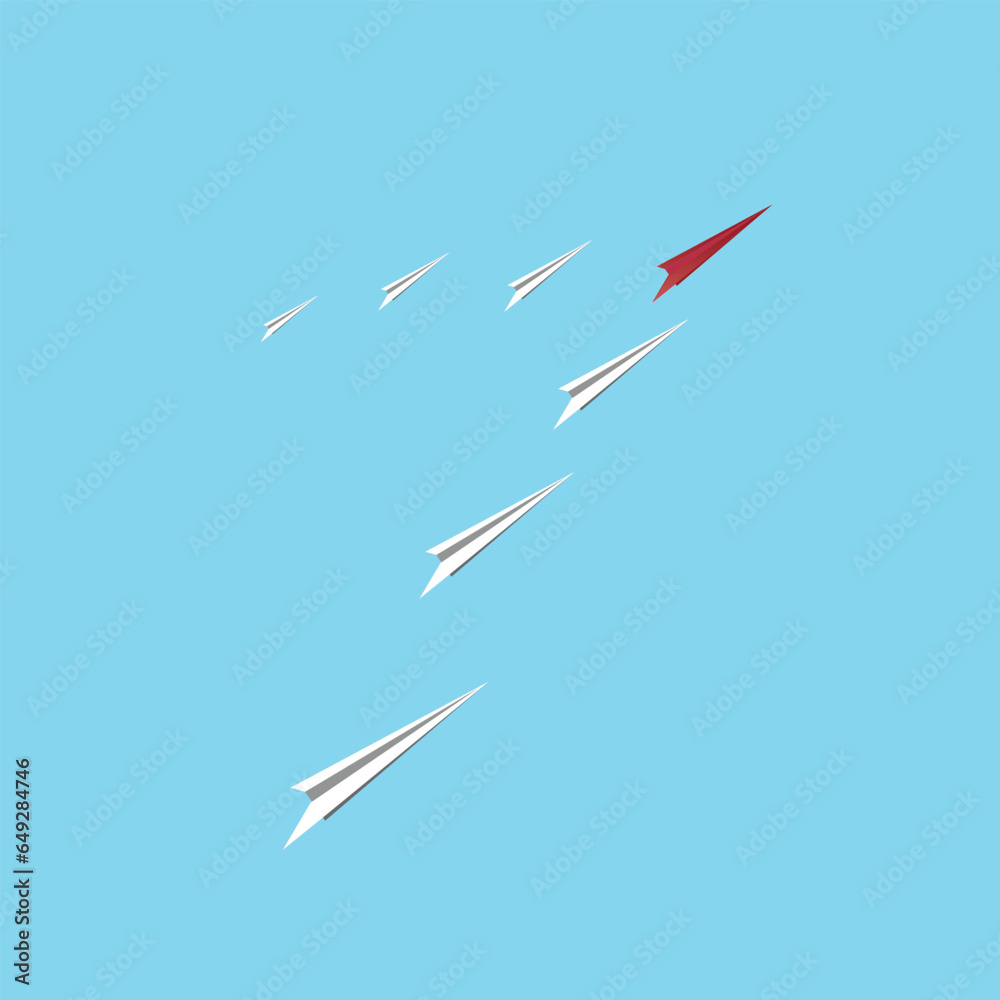 paper planes flying in one direction. Red plane leader leads group ...