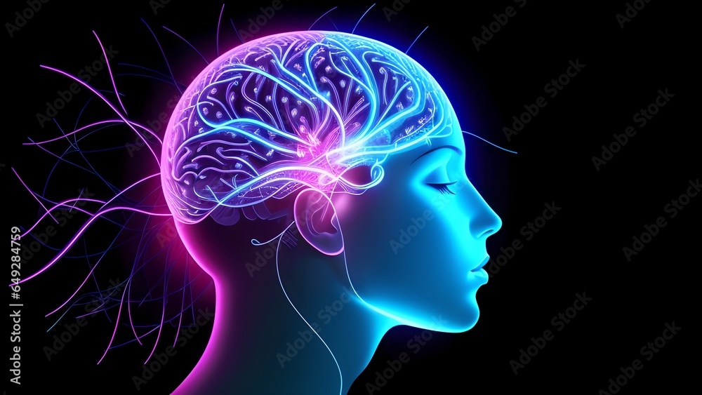 A close-up of a person's head with a glowing brain, generative AI A close-up of a person's head with a glowing brain, generative AI