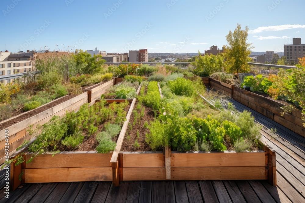 Urban Farm. Roof top urban farming organic garden with various vegetables plants, illustrating the potential for green spaces in city environments
