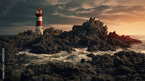 Lighthouse, perched on a remote rocky coastline. Secluded, coastal sentinel, treacherous terrain, maritime signal, enigmatic attraction. Generated by AI.