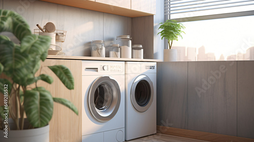 Interior of a real laundry room with a washing machine