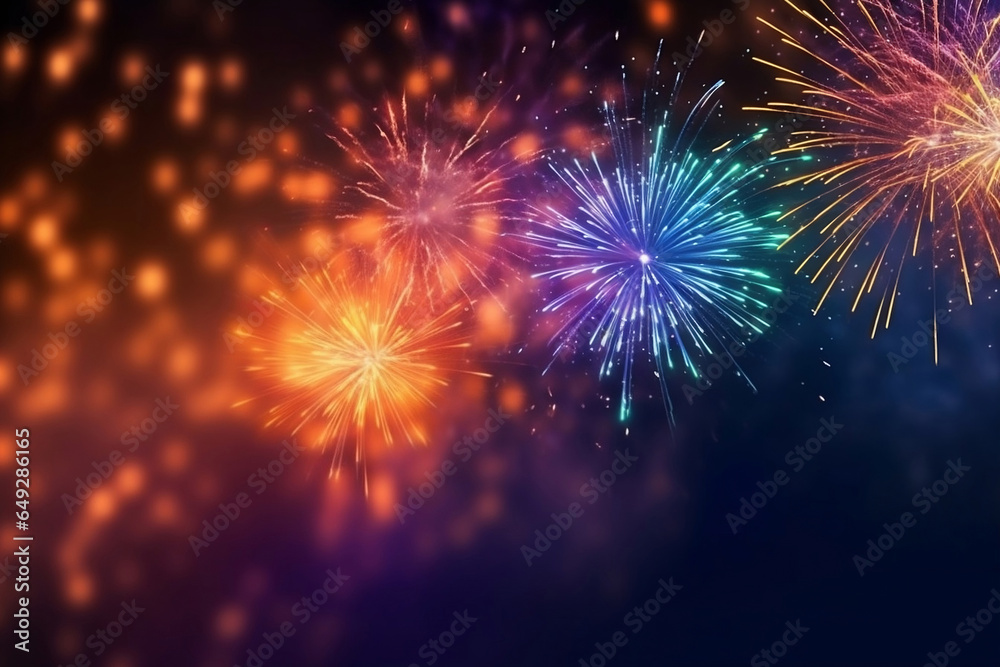 Colorful fireworks on dark sky, celebration and happy new year concept abstract background illustration.