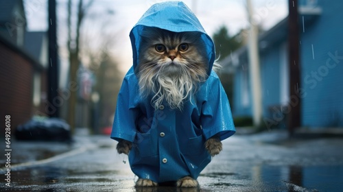 A cat in a blue raincoat stands on a wet