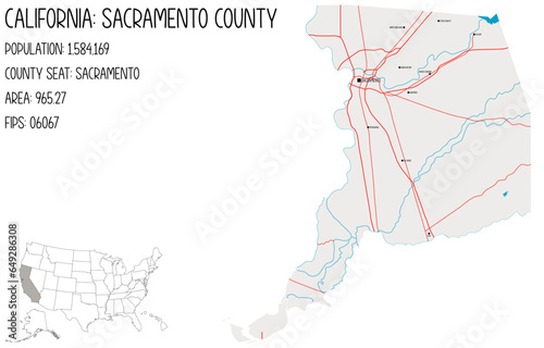 Large and detailed map of Sacramento County in California, USA.