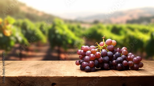 Fresh red grapes on wooden table and blurred vineyard on the background, space for display product.