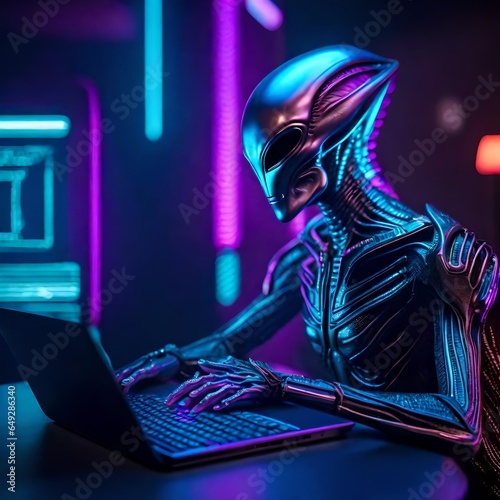 Alien using laptop unique illustration. Unique alien illustration concept. 