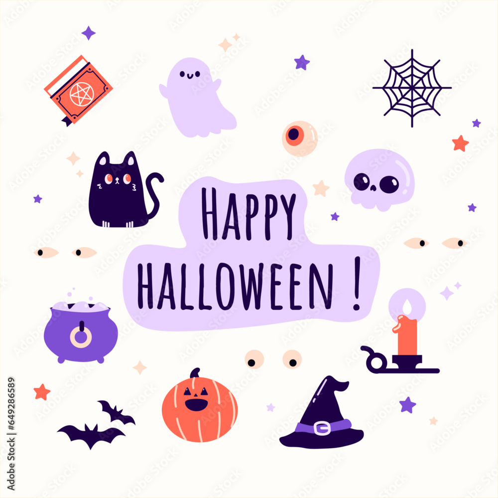 Illustration d'Halloween. Modèle d'éléments et de pictos vectoriels d'Halloween : oeil de cyclope, citrouille, fantôme, crâne, chat noir, chapeau de sorcière, chaudron, toile d'araignée, lampe