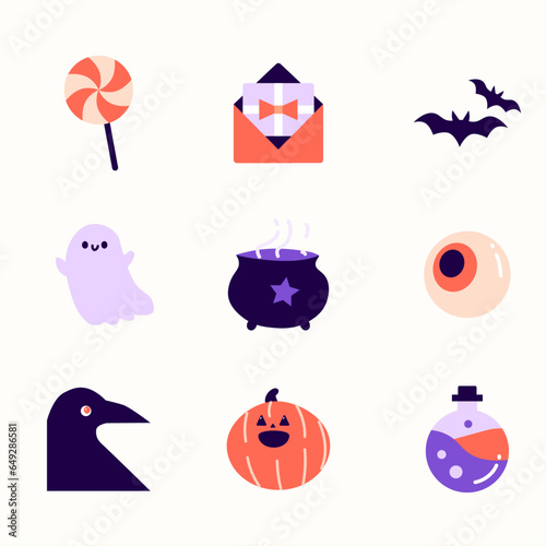 Illustration vectorielle d'Halloween. Modèle d'éléments et de pictos d'Halloween : sucette, invitation, lettre chauve souris, chat noir, fantôme, chaudron, oeil, corbeau, citrouille, potion magique