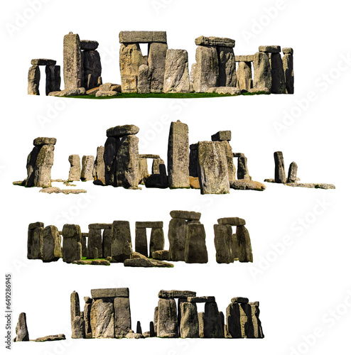 Various photos of Stonehenge, prehistoric monument in Wiltshire, England, isolated on white background
