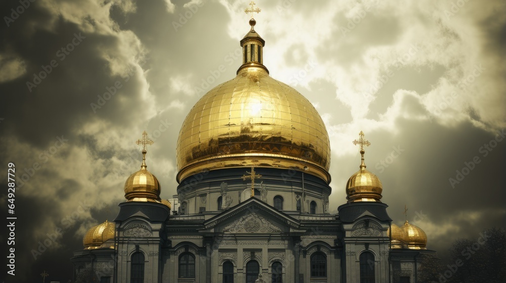 A church with a golden dome and the word