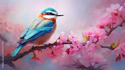 A colorful bird is perched on a branch with a pink flower