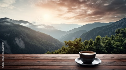 A  cup of coffee on  a  table  with  a  mountain  view © Berkahmu