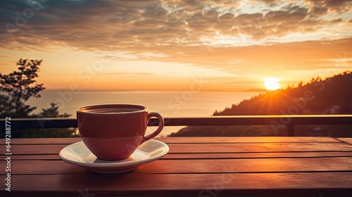 A cup of coffee on a table with a sunset_in the background